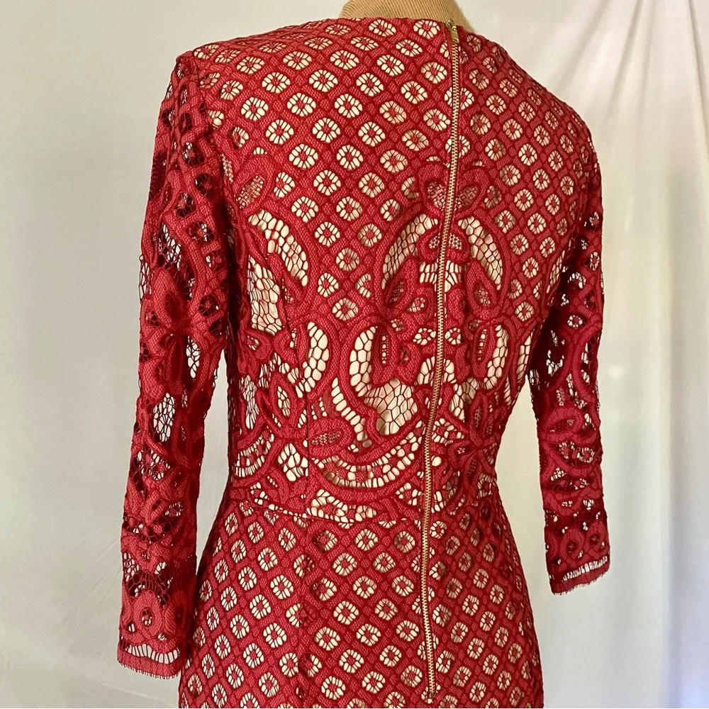 Long Sleeve Lace Midi Dress in Red - Picture 3 of 5